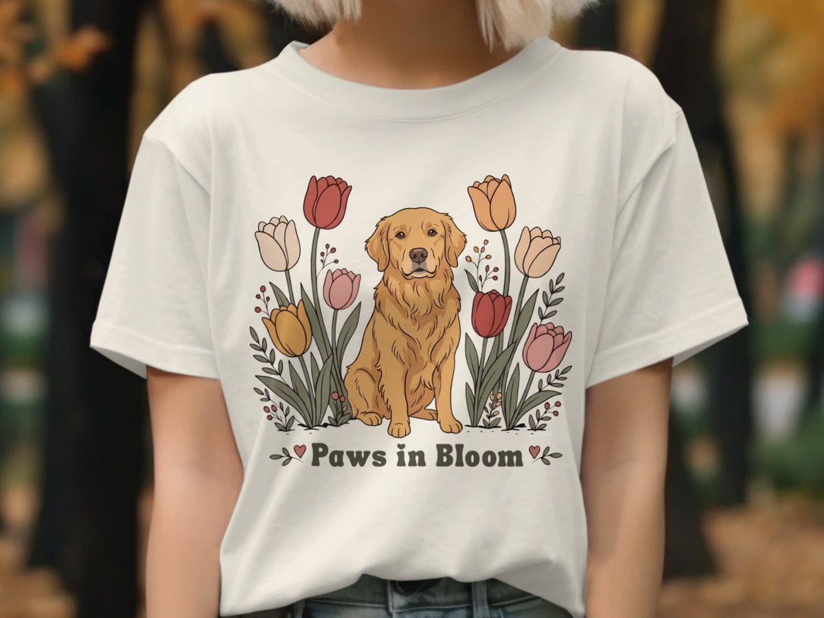 White t-shirt with a golden retriever surrounded by tulips and text "Paws in Bloom".