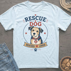 Light blue t-shirt with "RESCUE DOG" and a dog illustration in a circle.