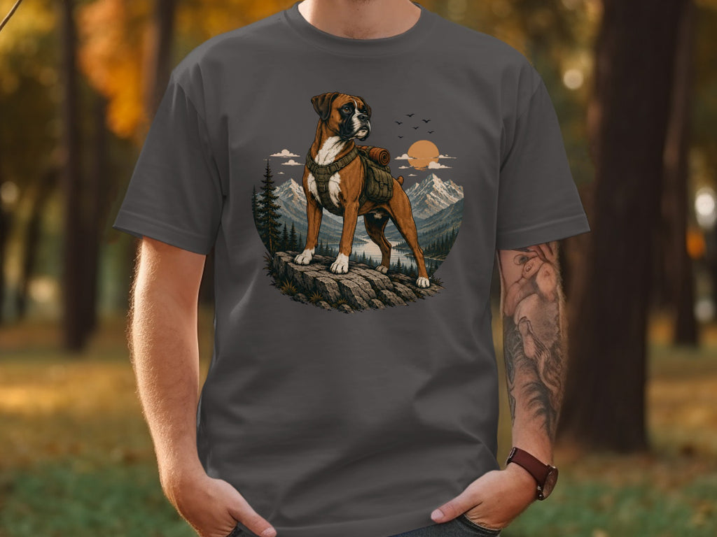 Boxer dog wearing backpack on cliff with mountain and lake landscape illustration.