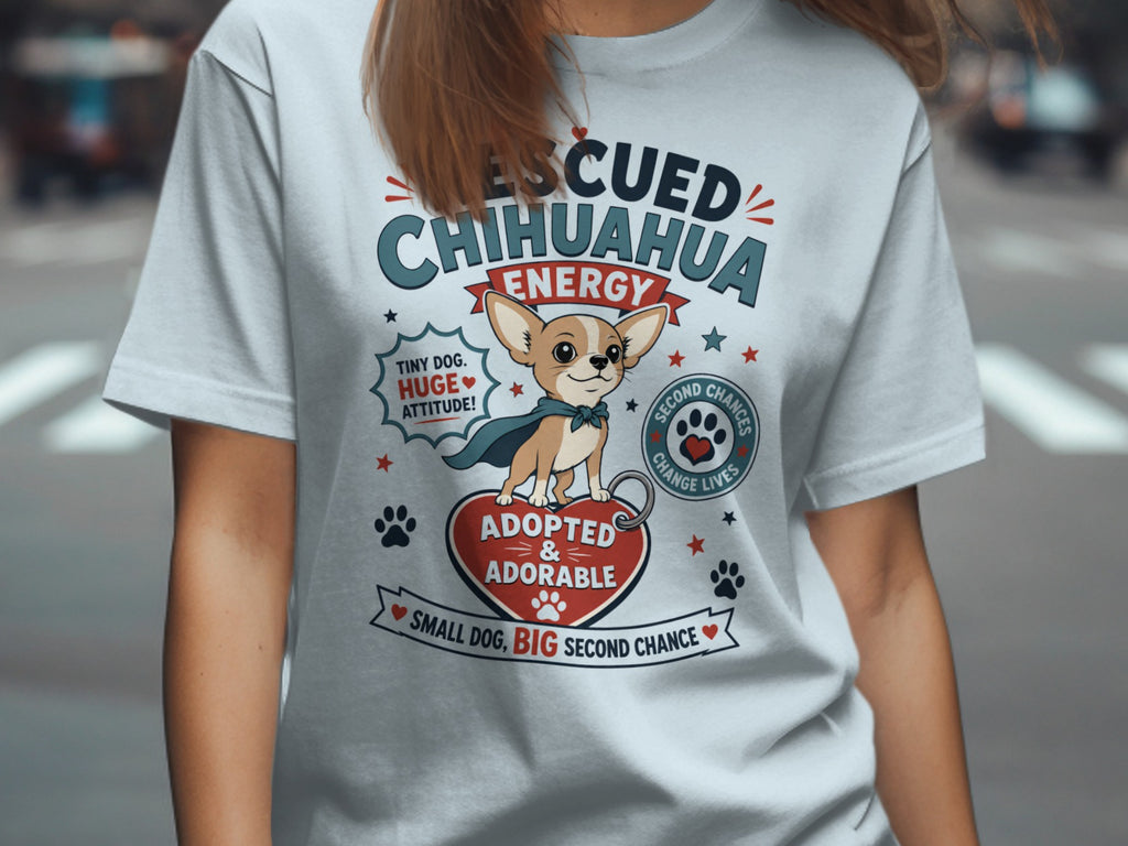 "Rescued Chihuahua Energy" graphic with a dog on a heart, adoption text.