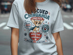 "Rescued Chihuahua Energy" graphic with a dog on a heart, adoption text.