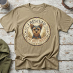 Tan t-shirt with a circular graphic of a Yorkshire terrier, reading "I Rescued My Best Friend."