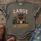T-shirt with sunglasses-wearing dog graphic that reads "LARGE AND IN CHARGE".