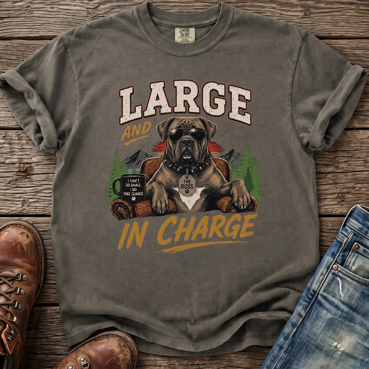 T-shirt with sunglasses-wearing dog graphic that reads "LARGE AND IN CHARGE".