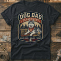 Dog Dad Department graphic on a dark t-shirt featuring a husky, toolbox, leashes, and ball.