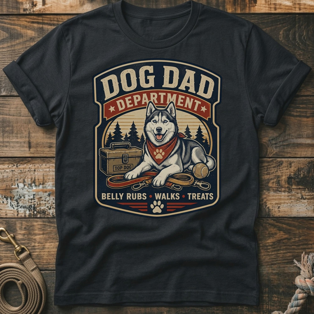 Dog Dad Department graphic on a dark t-shirt featuring a husky, toolbox, leashes, and ball.
