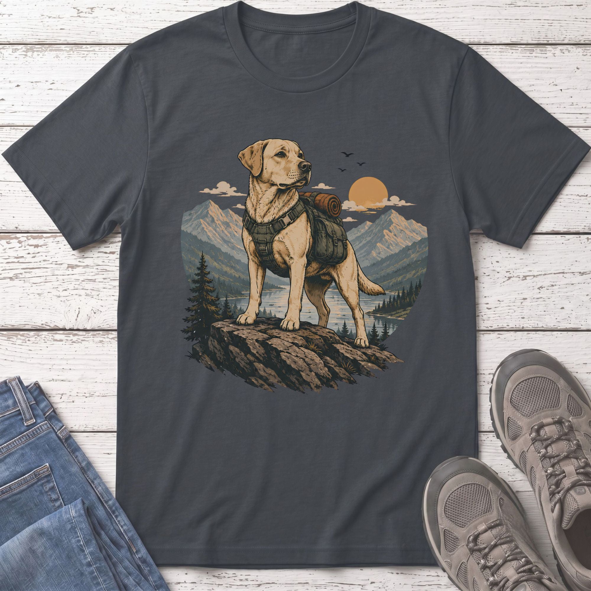 Labrador retriever wearing a backpack stands on rocks overlooking a mountain lake scene.