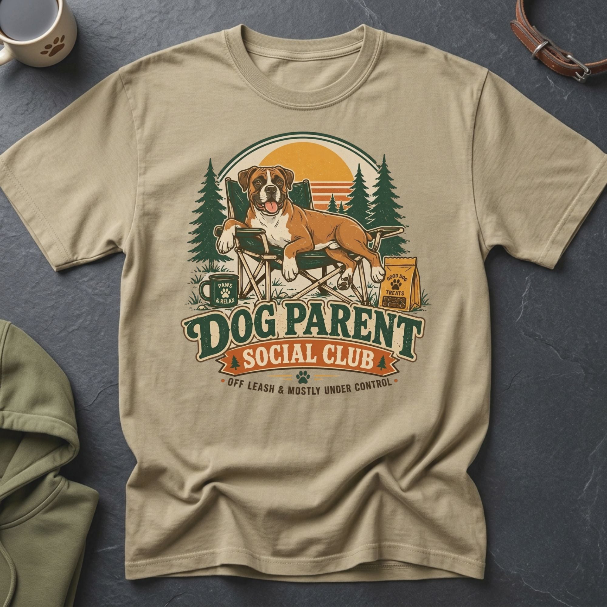 Boxer dog sits in camp chair with text "Dog Parent Social Club".