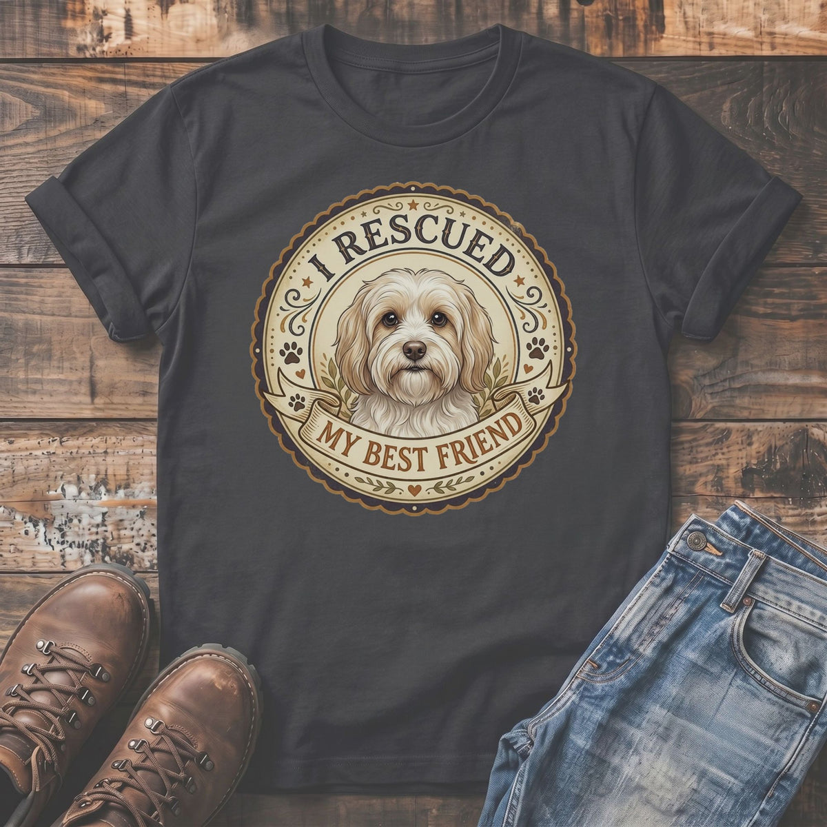 Dark t-shirt with dog graphic reading "I rescued my best friend".
