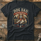 Dog Dad Department t-shirt with a Cavalier King Charles Spaniel, toolbox, leash, and ball.
