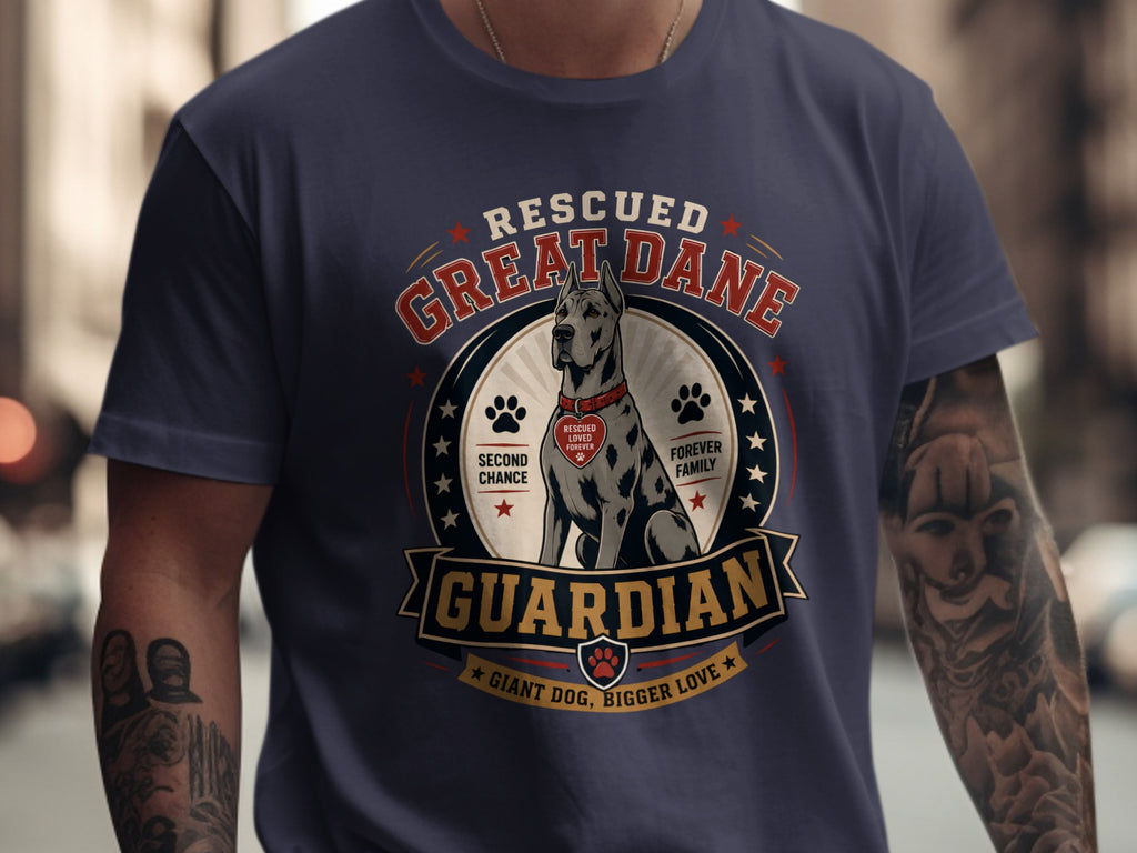 Great Dane Guardian t-shirt with rescued dog graphic and text.