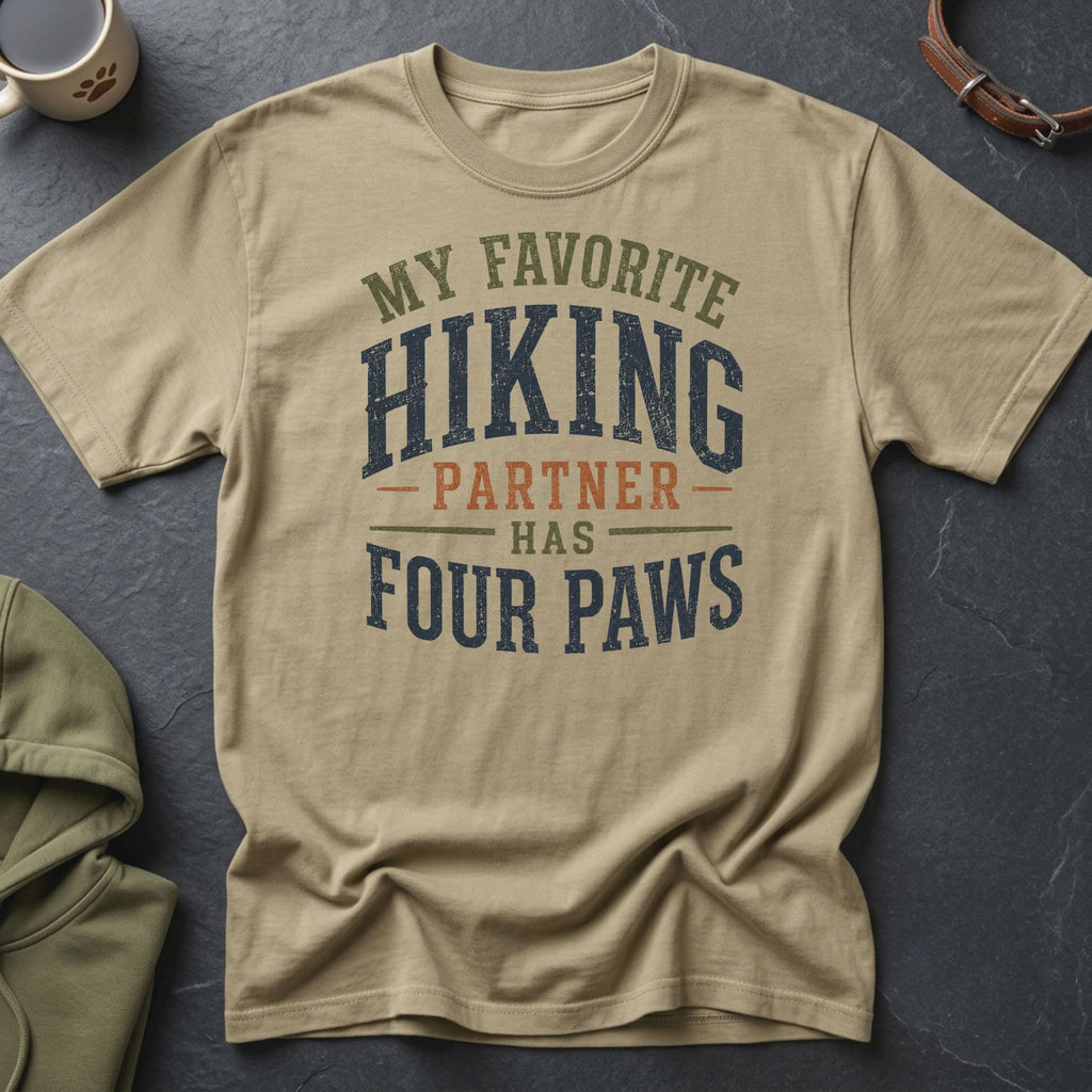 Tan t-shirt with "My Favorite Hiking Partner Has Four Paws" graphic.