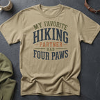 Tan t-shirt with "My Favorite Hiking Partner Has Four Paws" graphic.