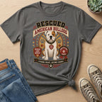 Rescued American Bulldog graphic t-shirt with paw prints and slogans.