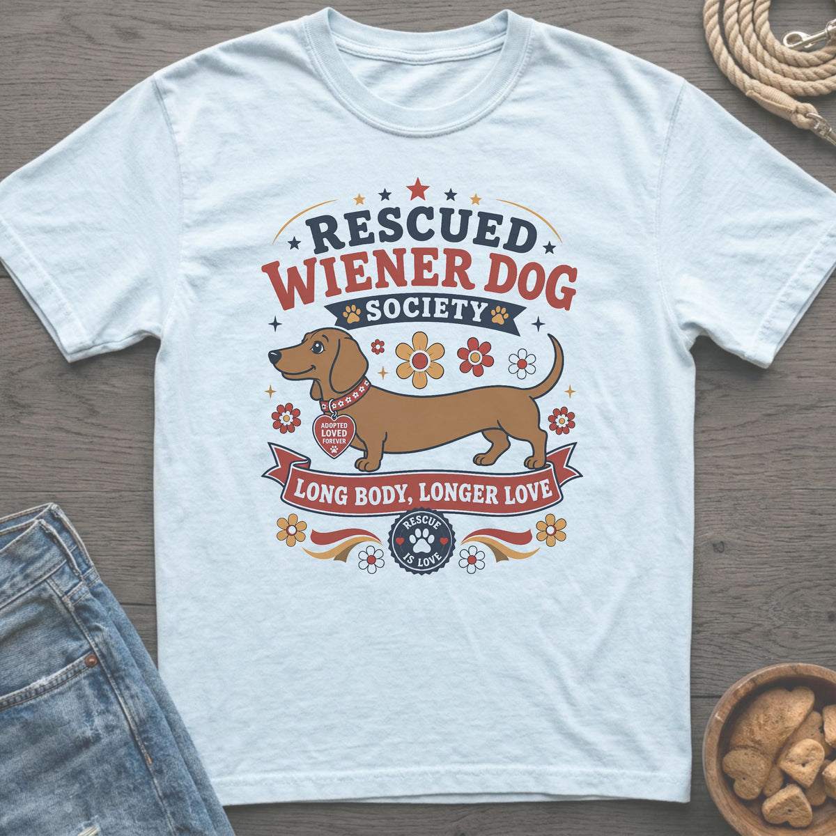 Rescued Wiener Dog Society graphic with a dachshund and text "Long body, longer love."