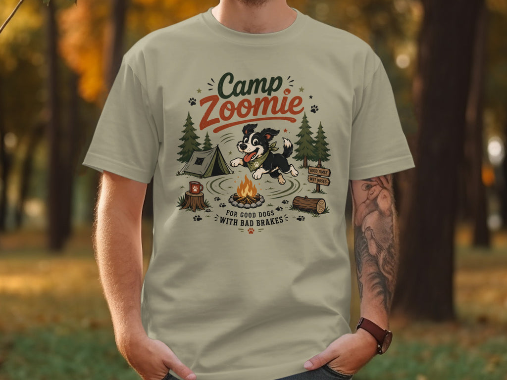 T-shirt graphic: dog camping with text "Camp Zoomie For Good Dogs With Bad Brakes".