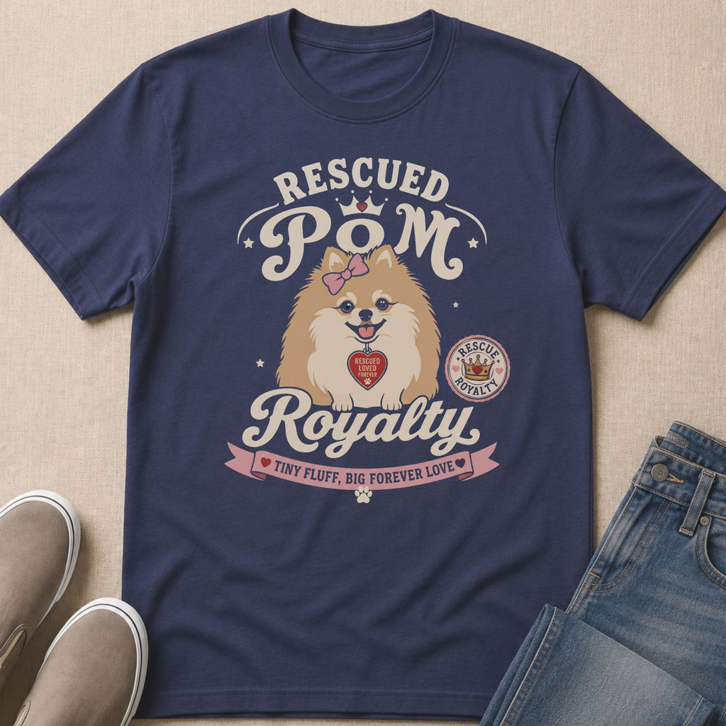 Navy t-shirt with graphic of a Pomeranian wearing a pink bow and a heart tag.