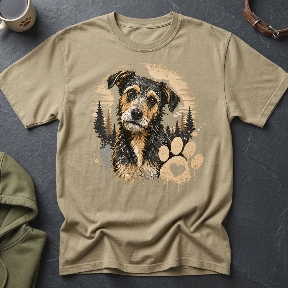 Tan t-shirt with a graphic of a scruffy dog's face and trees.