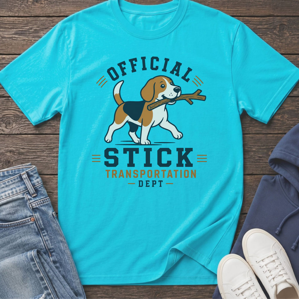 T-shirt with beagle carrying stick and text "Official Stick Transportation Dept."