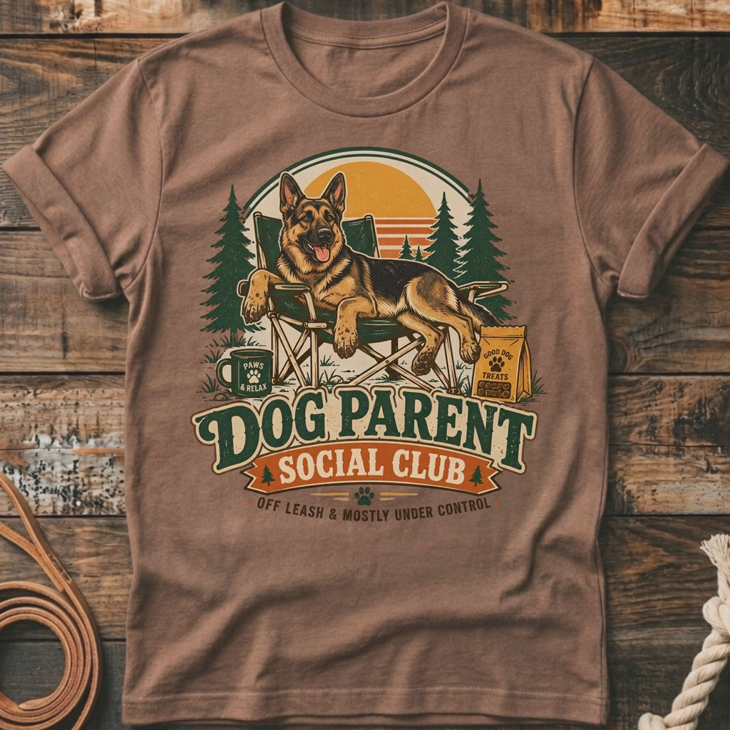 German Shepherd relaxing in a chair with "Dog Parent Social Club" text.