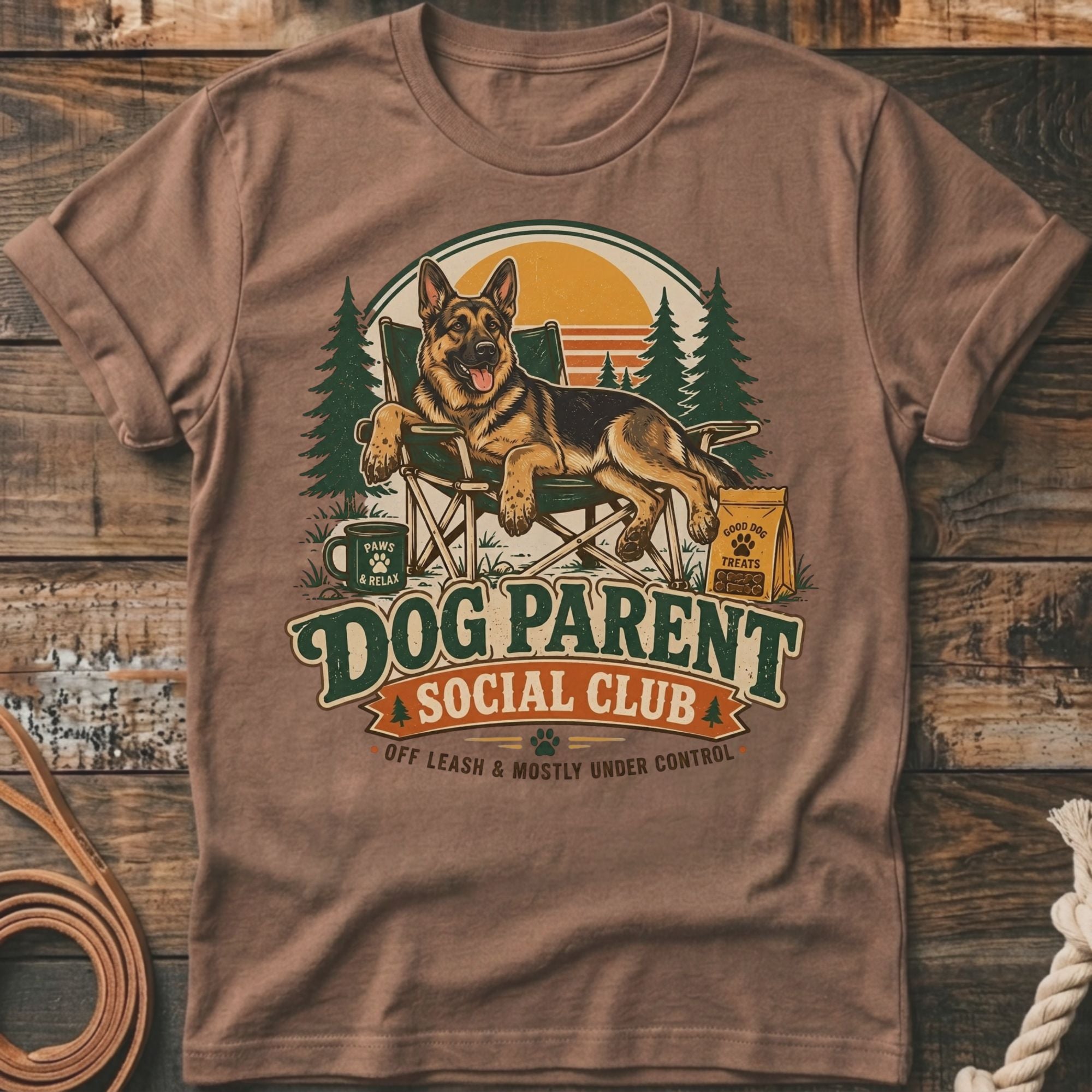 German Shepherd relaxing in a chair with "Dog Parent Social Club" text.
