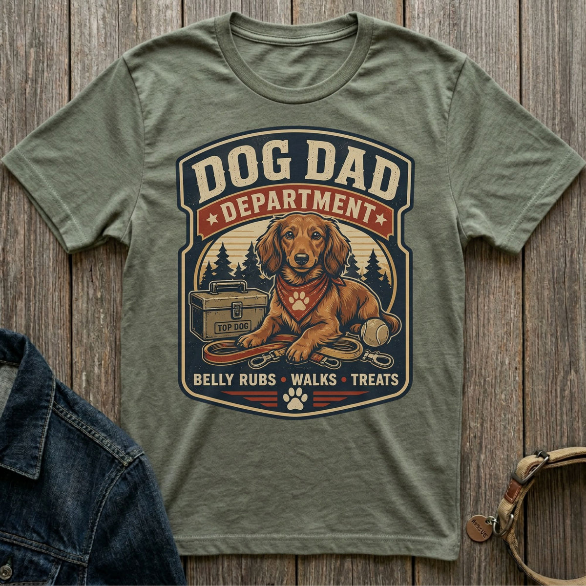 Green t-shirt with "Dog Dad Department" graphic featuring a dachshund.