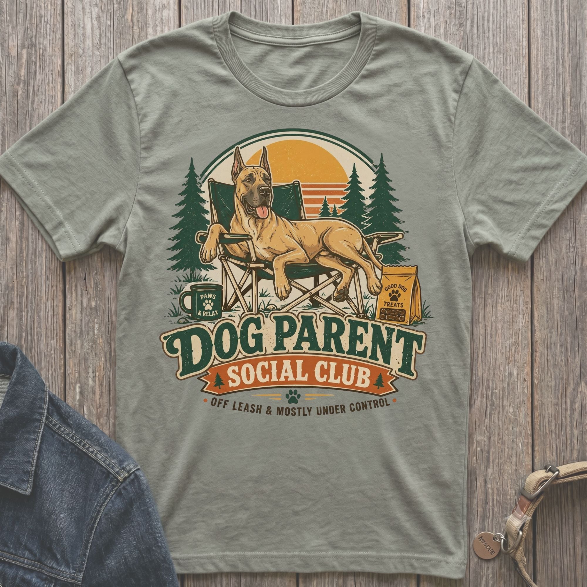 Great Dane in camping chair with "Dog Parent Social Club" text.