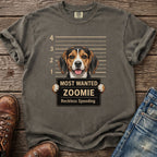 T-shirt graphic of a beagle in a mugshot with "Most Wanted Zoomie Reckless Speeding" text.