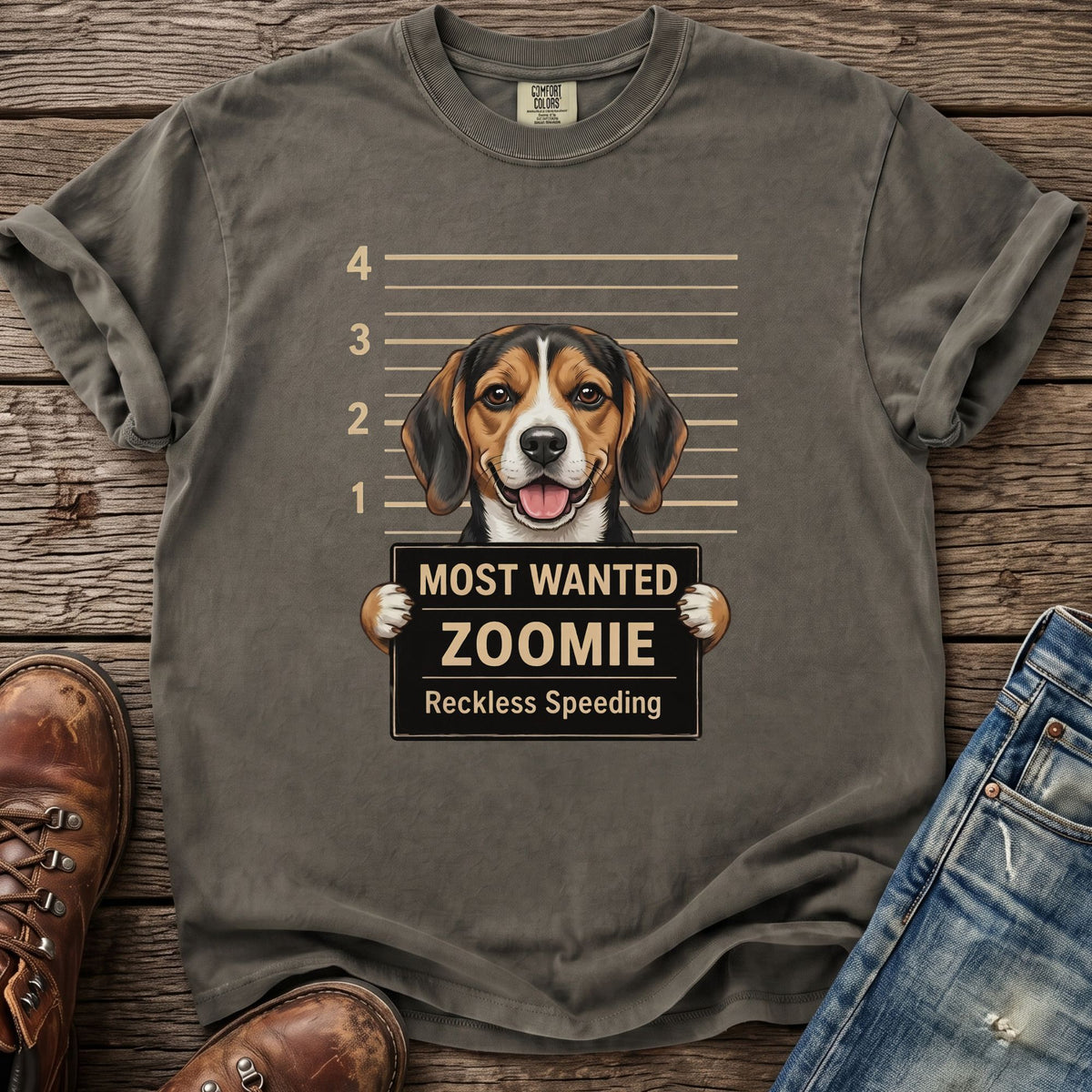 T-shirt graphic of a beagle in a mugshot with "Most Wanted Zoomie Reckless Speeding" text.