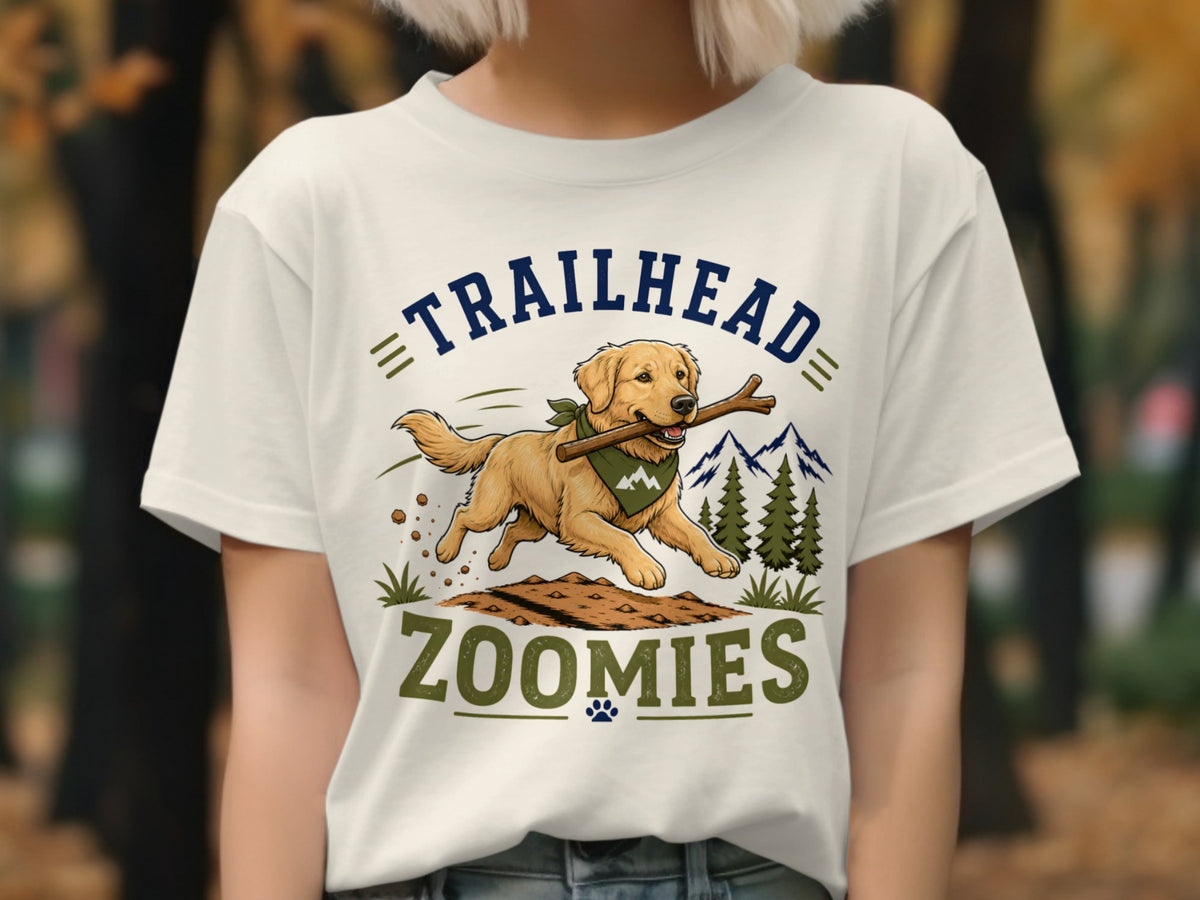 Golden retriever running with stick on shirt, text reads "TRAILHEAD ZOOMIES".