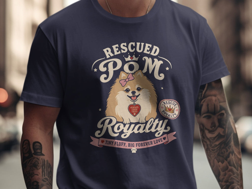 Navy t-shirt with "Rescued Pom Royalty" and a cartoon Pomeranian dog.