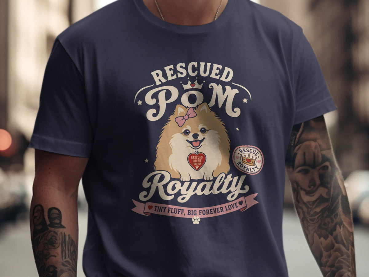 Navy t-shirt with "Rescued Pom Royalty" and a cartoon Pomeranian dog.
