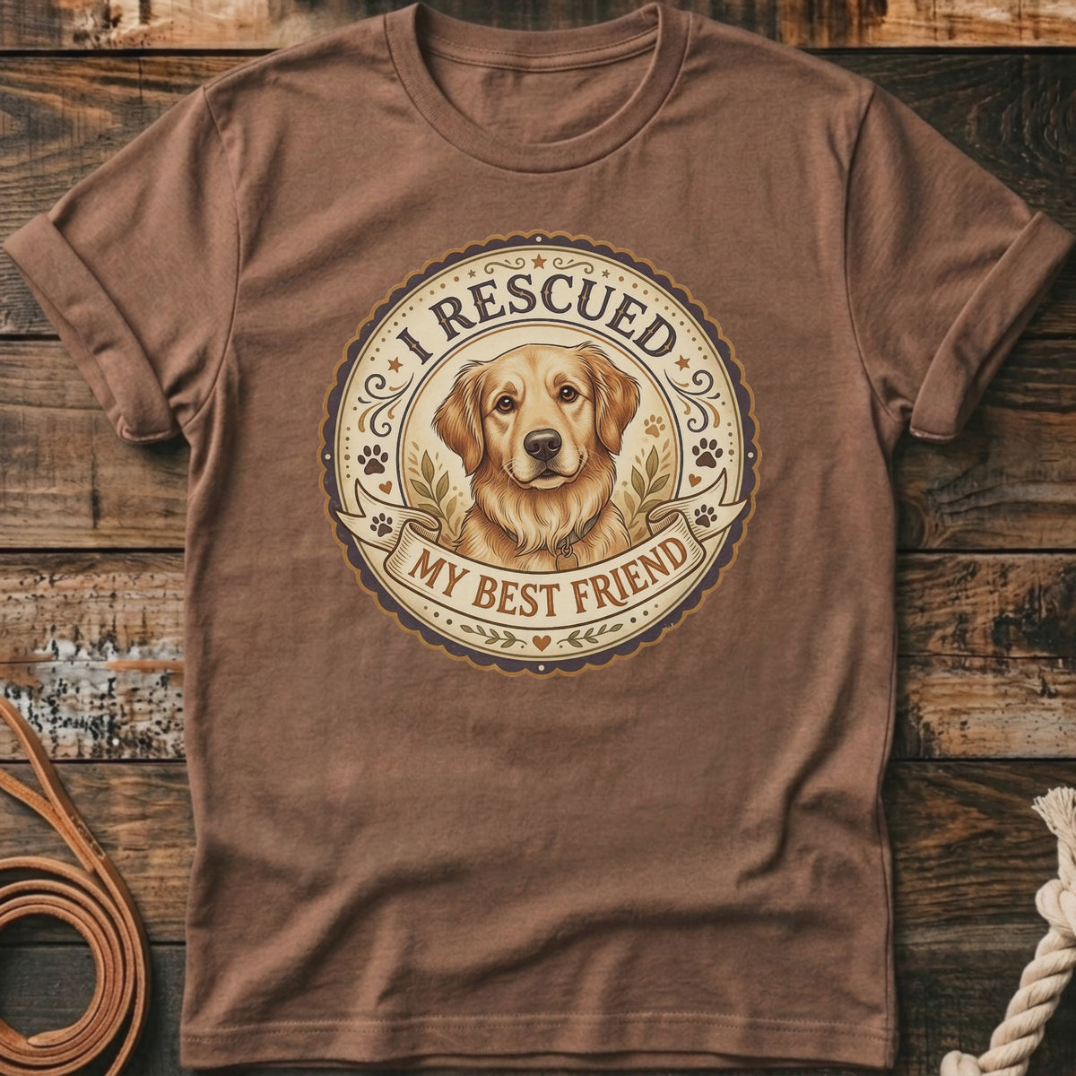 Brown t-shirt with a circular graphic of a golden retriever and text "I RESCUED MY BEST FRIEND".