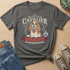 Rescued Cavalier Heart t-shirt with dog graphic and text.