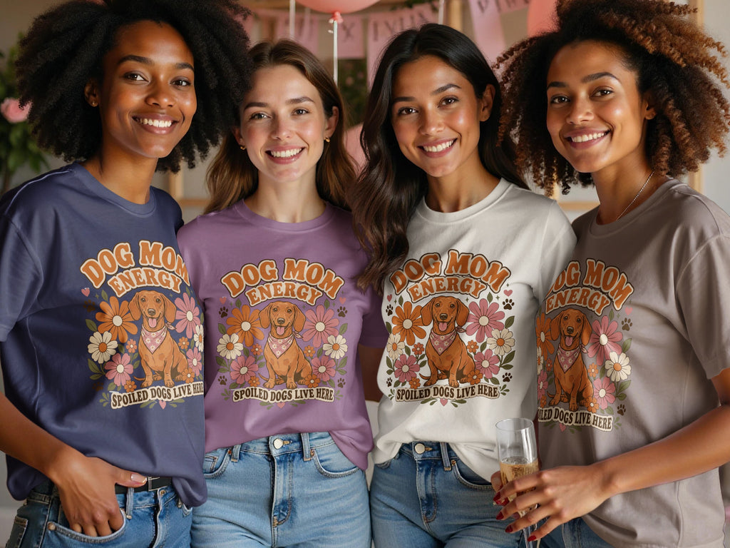 Four smiling women wear t-shirts with a dachshund graphic and "Dog Mom Energy" text.