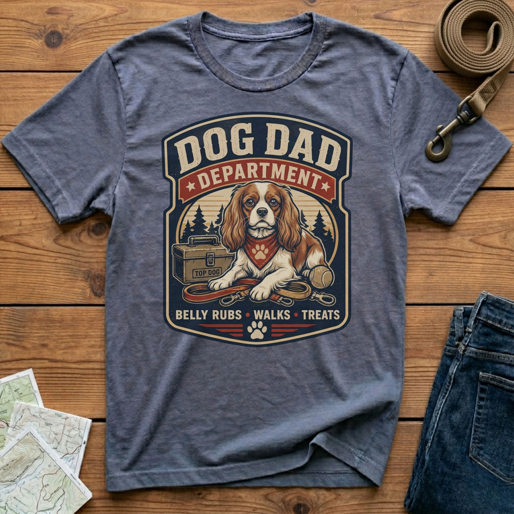 T-shirt featuring a Cavalier King Charles Spaniel with text "DOG DAD DEPARTMENT".