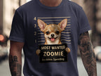Chihuahua in mugshot holding "Most Wanted Zoomie, Reckless Speeding" sign.