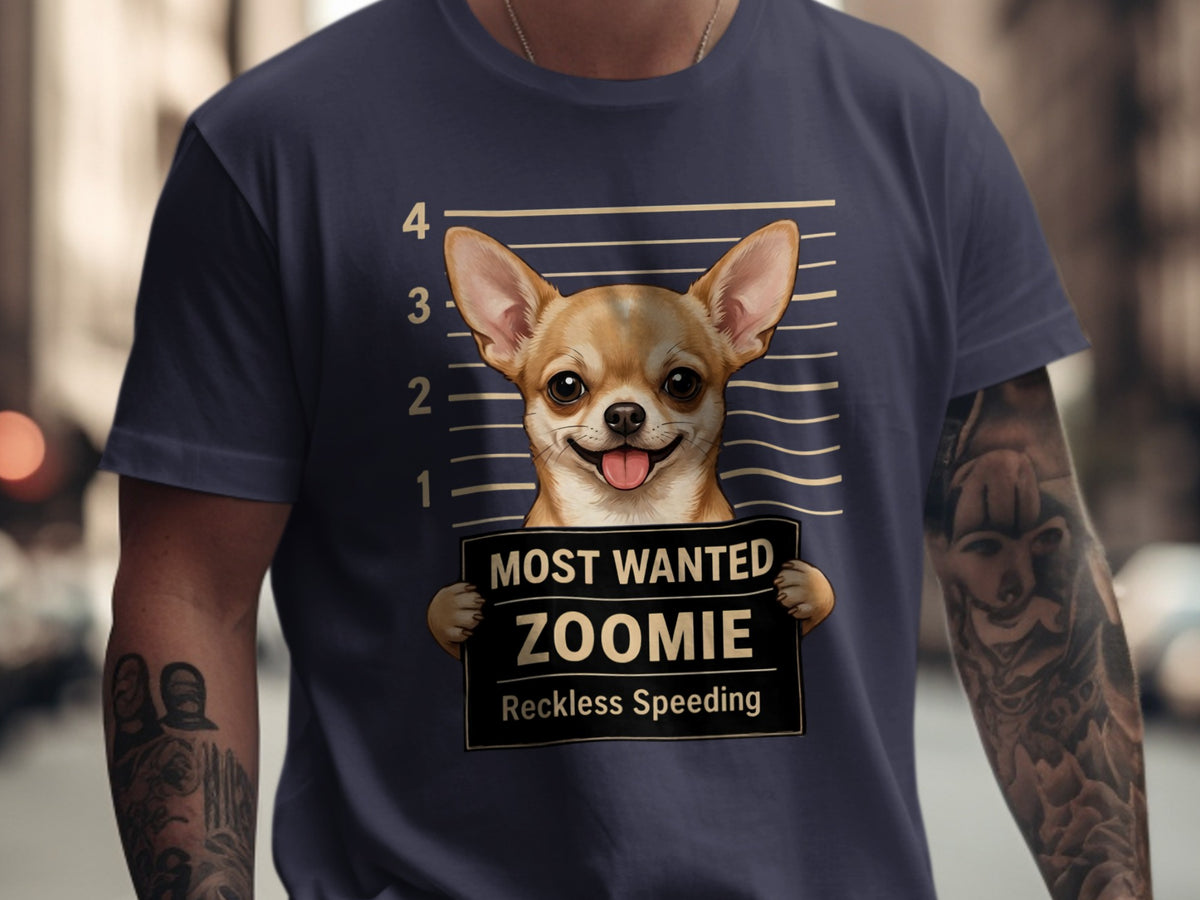 Chihuahua in mugshot holding "Most Wanted Zoomie, Reckless Speeding" sign.