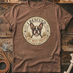 Brown t-shirt with French Bulldog art and text "I RESCUED MY BEST FRIEND".