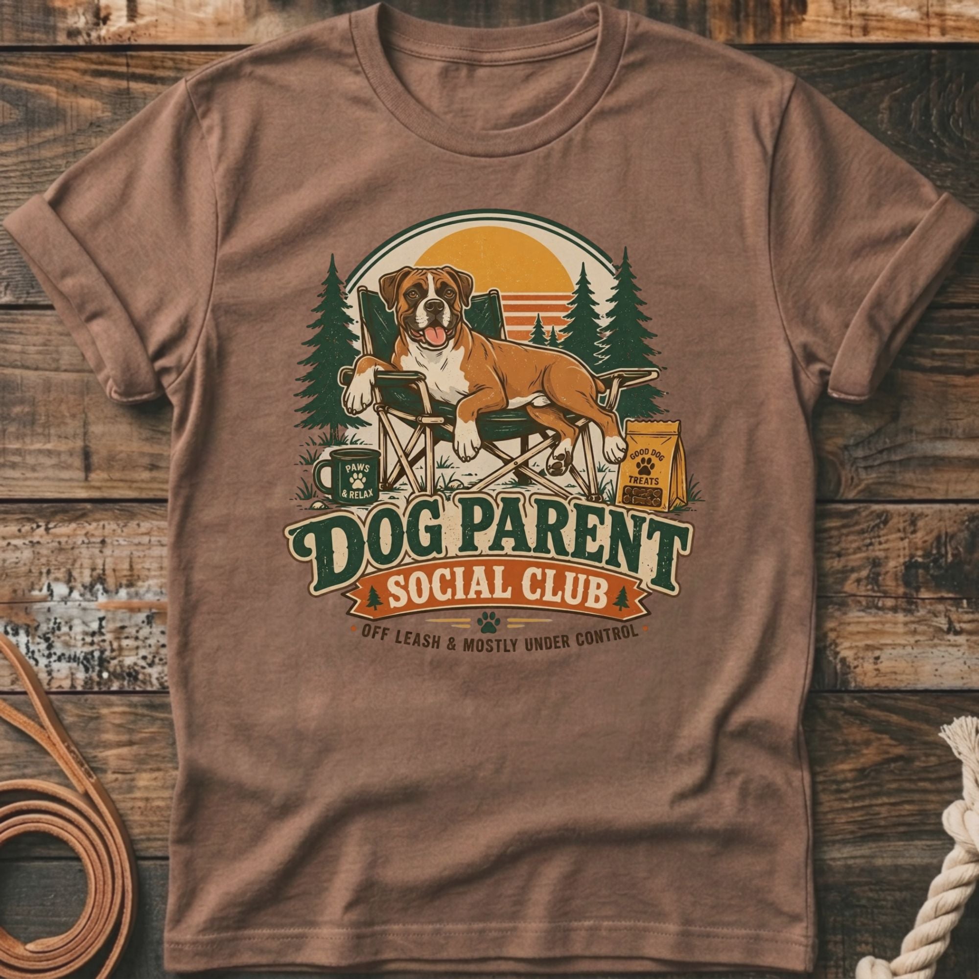 Boxer dog relaxing in a chair with "Dog Parent Social Club" text.