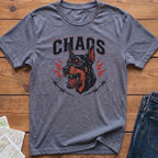 Grey t-shirt with a Doberman graphic and the word CHAOS.