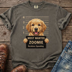 T-shirt with golden retriever mugshot graphic: "MOST WANTED ZOOMIE Reckless Speeding".