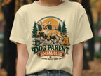 Chihuahua relaxing in camp chair with "Dog Parent Social Club" text and outdoor scene.