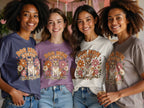 Four women wear t-shirts with a "Dog Mom Energy" design featuring a French bulldog and flowers.