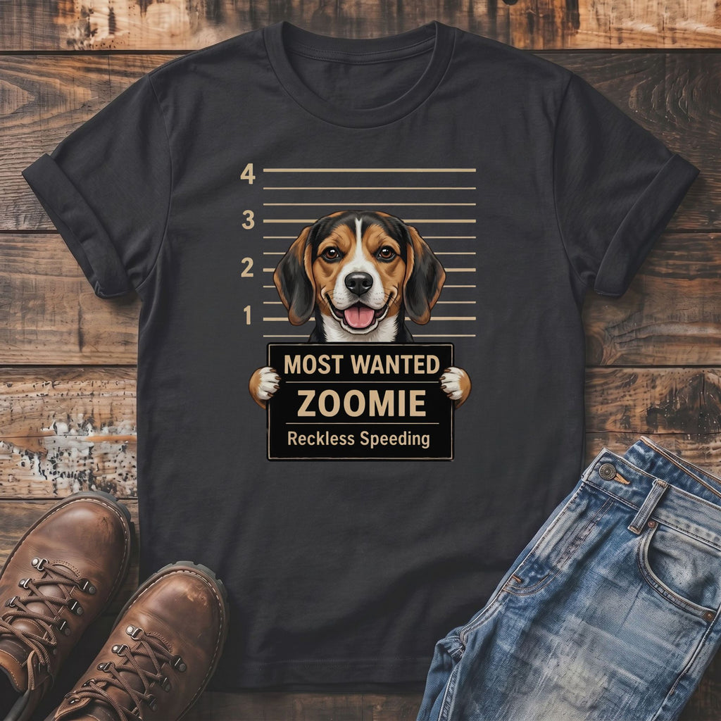T-shirt with beagle mugshot graphic: "Most Wanted Zoomie" and "Reckless Speeding."