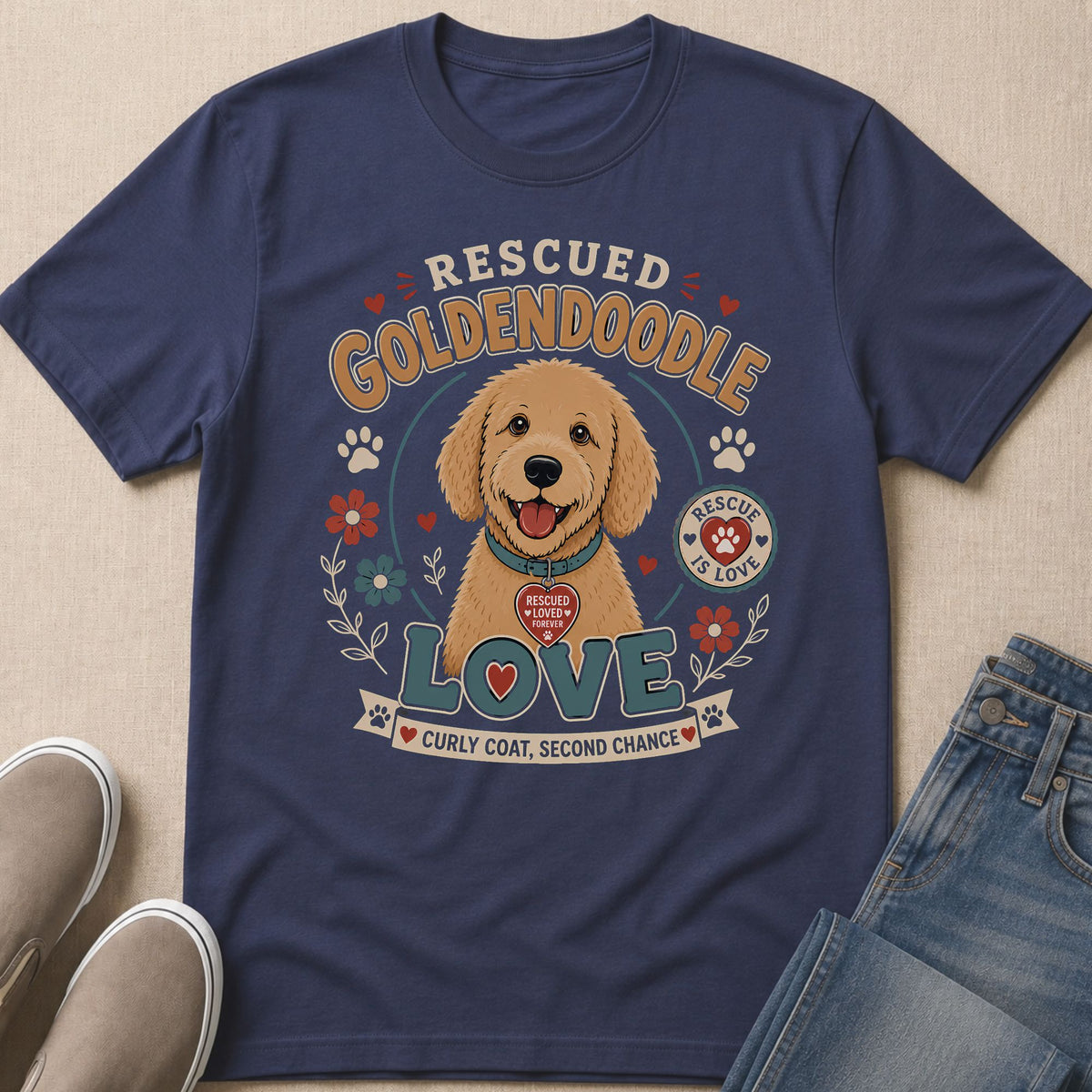 Dark blue t-shirt with rescued Goldendoodle graphic and text.