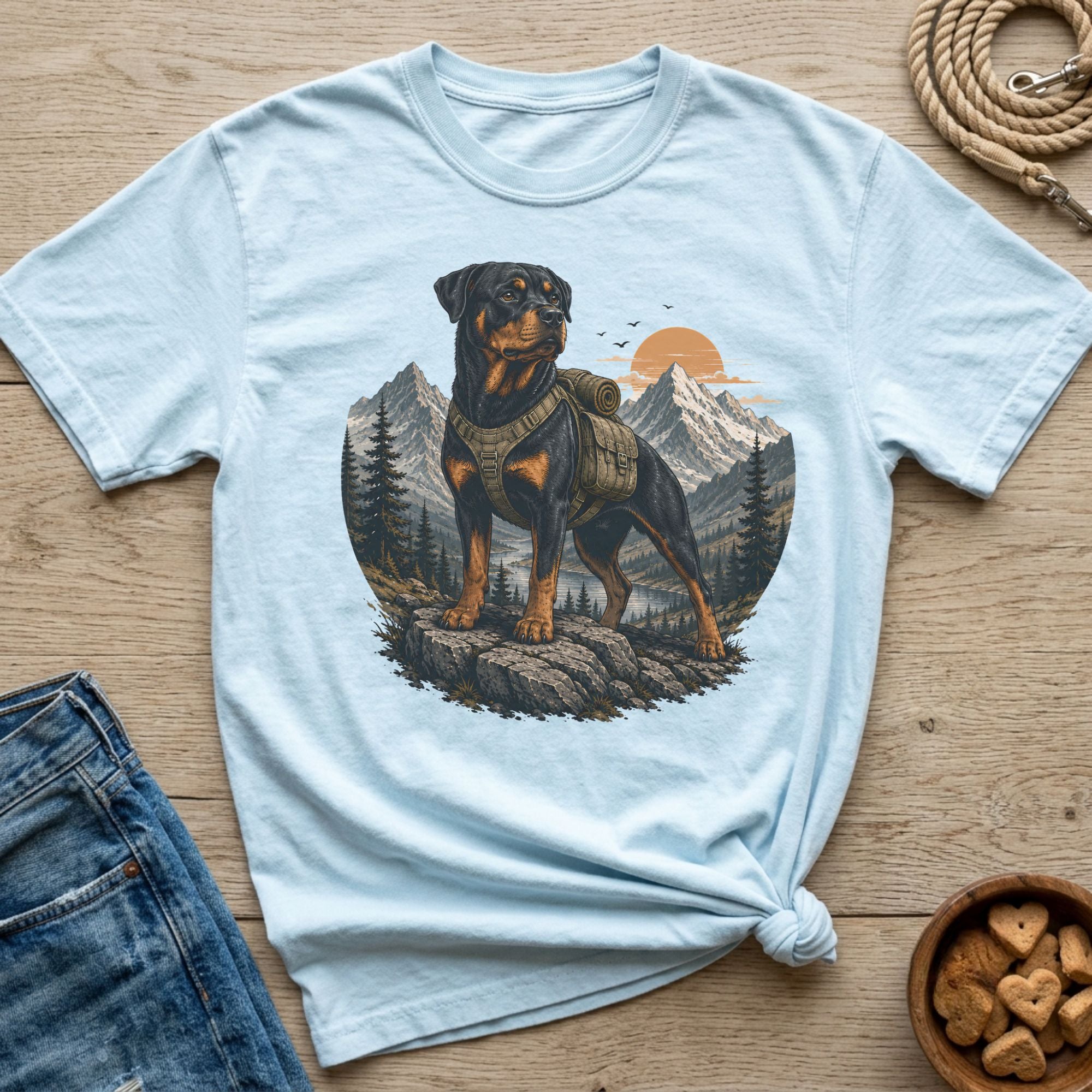 Light blue t-shirt with Rottweiler on mountain landscape graphic.