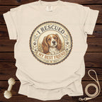 T-shirt with a dog portrait and text "I RESCUED MY BEST FRIEND".