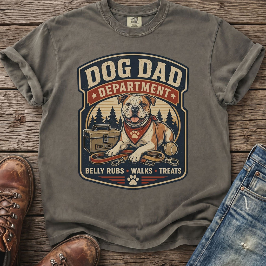Gray t-shirt with a "Dog Dad Department" graphic featuring an English bulldog, leash, and dog bowl.