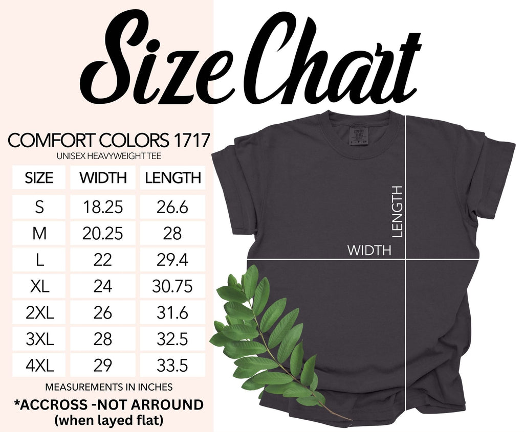 Comfort Colors 1717 unisex t-shirt size chart with width and length measurements in inches.